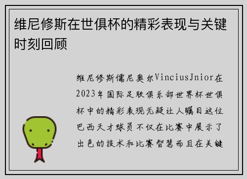 维尼修斯在世俱杯的精彩表现与关键时刻回顾